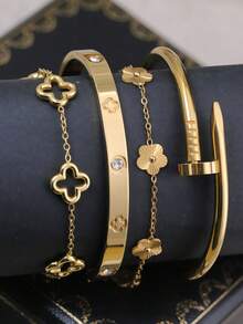4pcs/Set/3pcs/1pc Gelang Mata Jahat Warna Emas | Set Gelang Mata Biru Enamel & Desain Kabel Terpilin untuk Perhiasan Fashion Kasual/Pesta Sehari-hari - Yellow Gold - View 6