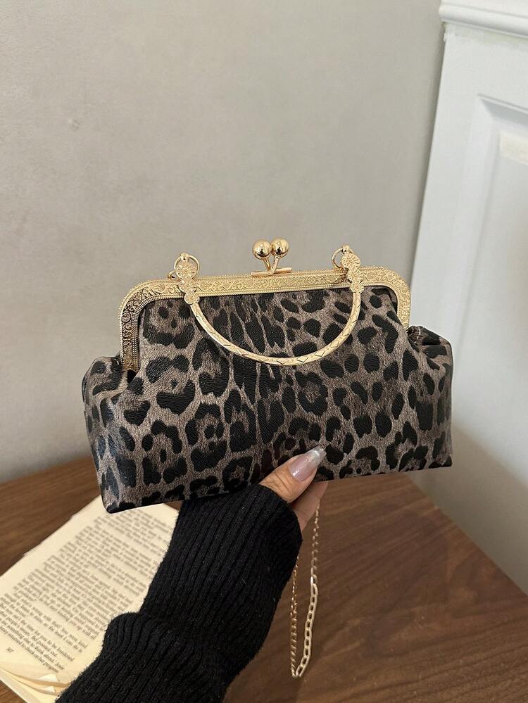 Leopard Print Fashion Clasp Women's Handbag, Elegant Tote Bag For Party And Shopping, Random Pattern Placement - Black - View 9