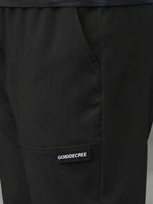 Men's Tiny Label Straight Leg Pants, Drawstring Elastic Waist Casual Outdoor Sports Lightweight Long Pants Black - Black - View 4