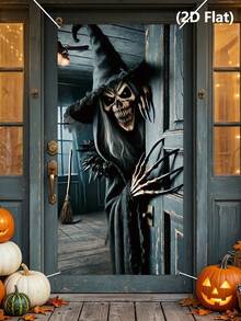 1pc Halloween Door Cover, Witch Pattern Bedroom Door Decor, Halloween Backdrop, Halloween Party Supplies, Halloween Hanging Banner, Scary Halloween Photography Props, Haunted House Decor, Trick Or Treat Decor, Halloween Gifts, Party Gifts, Photo Studio Props, Halloween Home Decor, Room Decor, Outdoor Garden Supplies, Yard Decor, Christmas Decor, 2027 New Year Party Decor, New Year Gifts, Winter Decor - Skeleton Witch - View 9