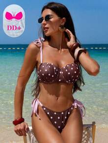 Voyashape Conjunto de bikini con sujetador con aros y relleno con forma de concha, tirantes y anudado en la cintura para mujer, estilo sexy talla DD+ - Marrón - Ver 6