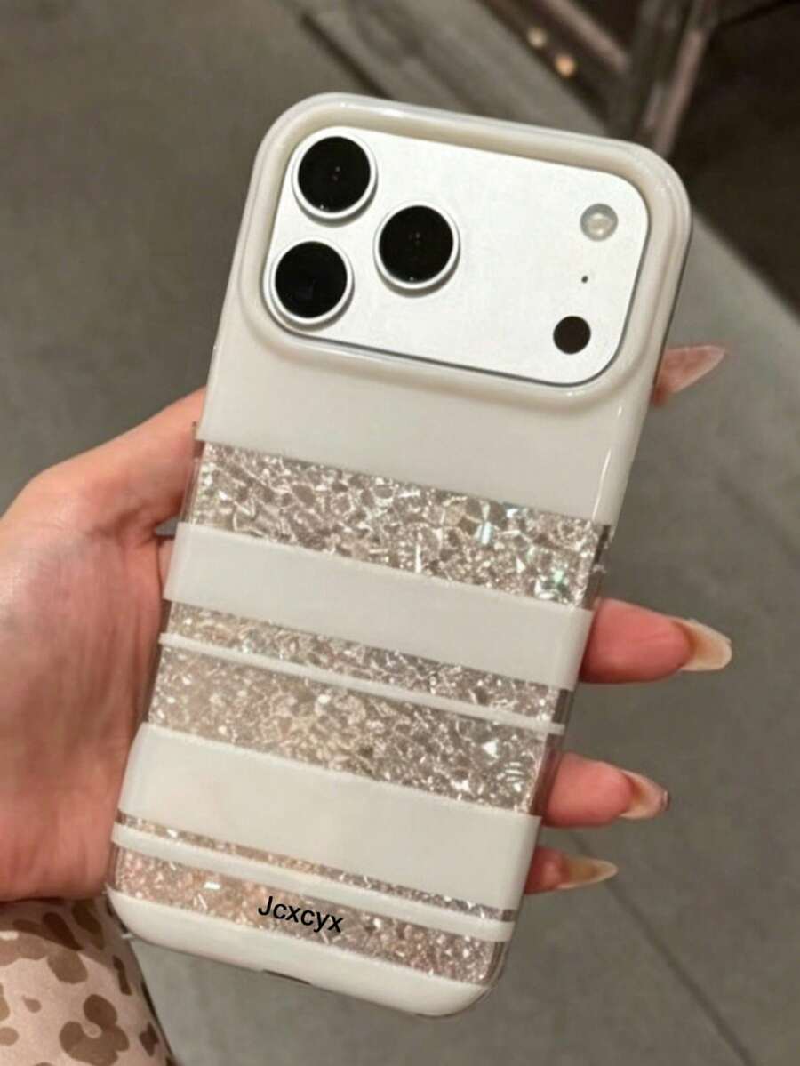 奢華雷射純色條紋亮面不對稱水鑽亮片圖案手機殼，相容 iPhone 17 Pro Max 17 Pro 16 Pro Max 15 Pro Max 14 Pro Max 13 Pro Max 15 Plus 12 Pro Max 11，亮面軟背殼
