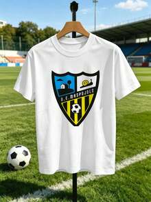Camiseta de fútbol para hombre con logo gráfico, estilo casual de oto?o, 100% algodón, cuello redondo, corte holgado, cómoda, estilo hip-hop urbano. - Blanco - Ver 2