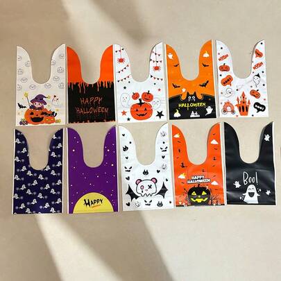 25/50/100pcs Random Color Halloween Rabbit Ear Tie Gift Bags With Pumpkin, Spider, Skull And Bat Designs, Perfect For Halloween Decoration, Halloween Party, Christmas Party, Trick Or Treat Party, Candy Packaging Bags, Storage Bags