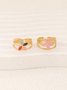 1pc Stainless Steel Flower Ring, Women's Fashion Minimalist 18K Gold Plated Open Ring Jewelry - Ring - View 4