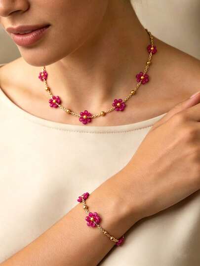 Juego de 2 piezas de joyería de acero inoxidable para mujeres, collar con colgante de flor rosa y pulsera, regalo para el Día de la Madre, cumpleaños, fiesta, vacaciones y boda