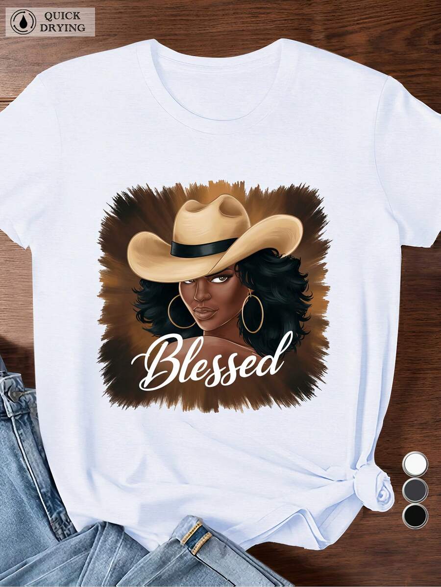 Mujer con Sombrero de Vaquero, Camiseta Deportiva de Manga Corta para Mujer Talla Grande playeras - Blanco - Ver 1