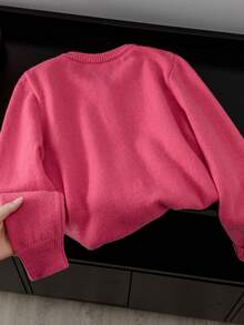 Autumn/Winter New Dragon Fruit Red Round Neck Knitted Cardigan, Paired With Exquisite Metal Gold Buttons, Simple And Clean. Delicate Soft Knitted Fabric, Long Sleeve Ribbed Cuffs, Solid Color Versatile And Eye-Catching, Brightens Complexion, Great For Wearing Alone Or Layering, Gentle And Attractive. - Hot Pink - View 3