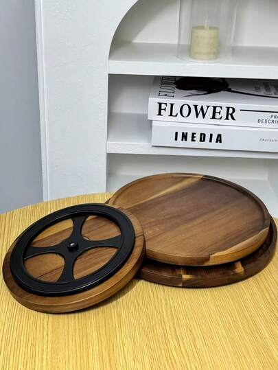 1pc Round Bamboo 360° Rotating Wooden Tray, For Holding Drinks, Snacks, Fruits, Condiment Bottles, Displaying Cosmetics, Jewelry, Suitable For Home, Mall, Outdoor, Restaurant, Photography Prop, Easy To Clean