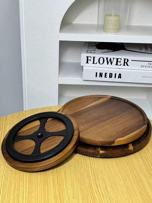 1pc Round Bamboo 360° Rotating Wooden Tray, For Holding Drinks, Snacks, Fruits, Condiment Bottles, Displaying Cosmetics, Jewelry, Suitable For Home, Mall, Outdoor, Restaurant, Photography Prop, Easy To Clean