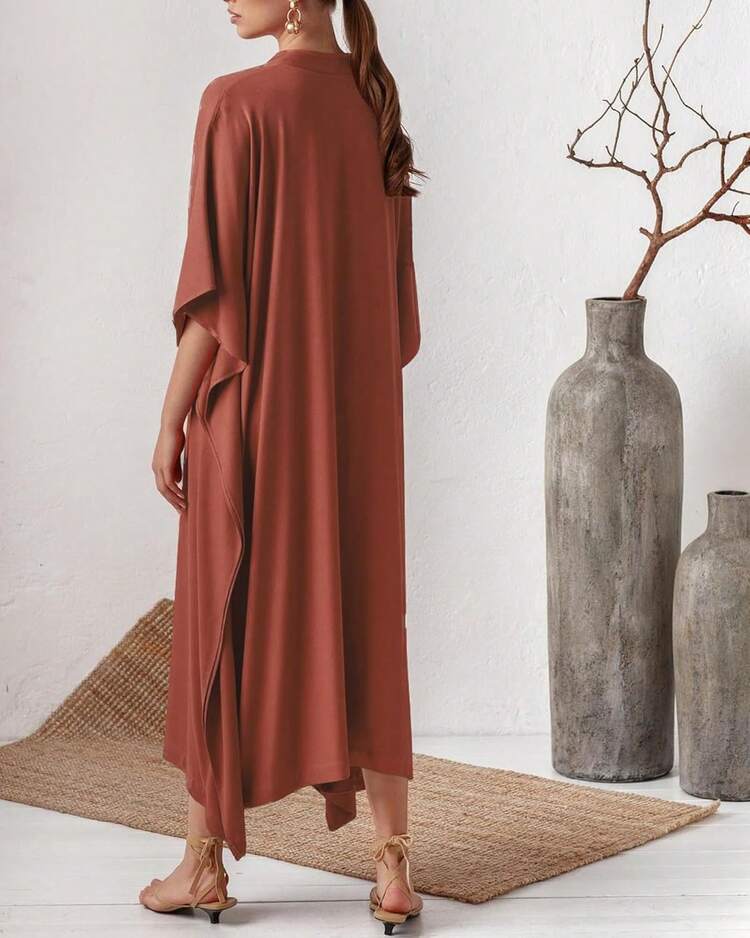 Bsubseach Mujer Vestido de Verano Kaftán para Playa de Seda Cuello en V Manga de Murciélago - B-Blanco - Añade 5
