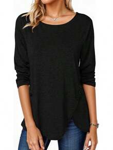 Fisoew - Blusa casual de manga larga para mujer, cuello redondo, botones laterales - Rosa - Ver 10