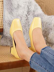 2026 New Yellow Square Toe Chunky Heel 4.5cm Low Vamp Pumps Women's New Minimalist Commuter Mid-Heel Shoes Daily Versatile Low-Top Elegant Formal High Heels - Yellow - View 7