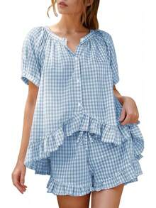 Flygo - Conjunto de pijama de cuadros para mujer, 2 piezas, de algodón, manga abombada, con volantes, conjunto de pijama de verano - Sandía - Ver 13