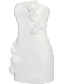 - Vestido sin tirantes para mujer, diseño de flores, color blanco - Rosa - Ver 4