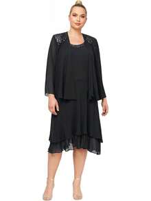S.L. Fashions Vestido de Chaqueta escalonada Adornado de Talla Grande para Mujer - Higo - Ver 11