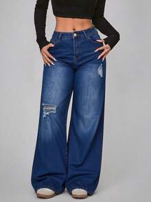 Jeans Rectos de Mezclilla Azul  Lavado con Roturas - Azul lavado medio - Ver 2