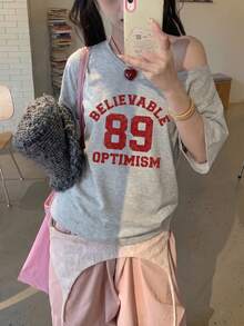 Y2K Vintage Red Letter Print Off Shoulder Loose Grey Asymmetrical Hem T-Shirt Retro Campus Streetwear Top Casual Summer - Dark Gray - View 2