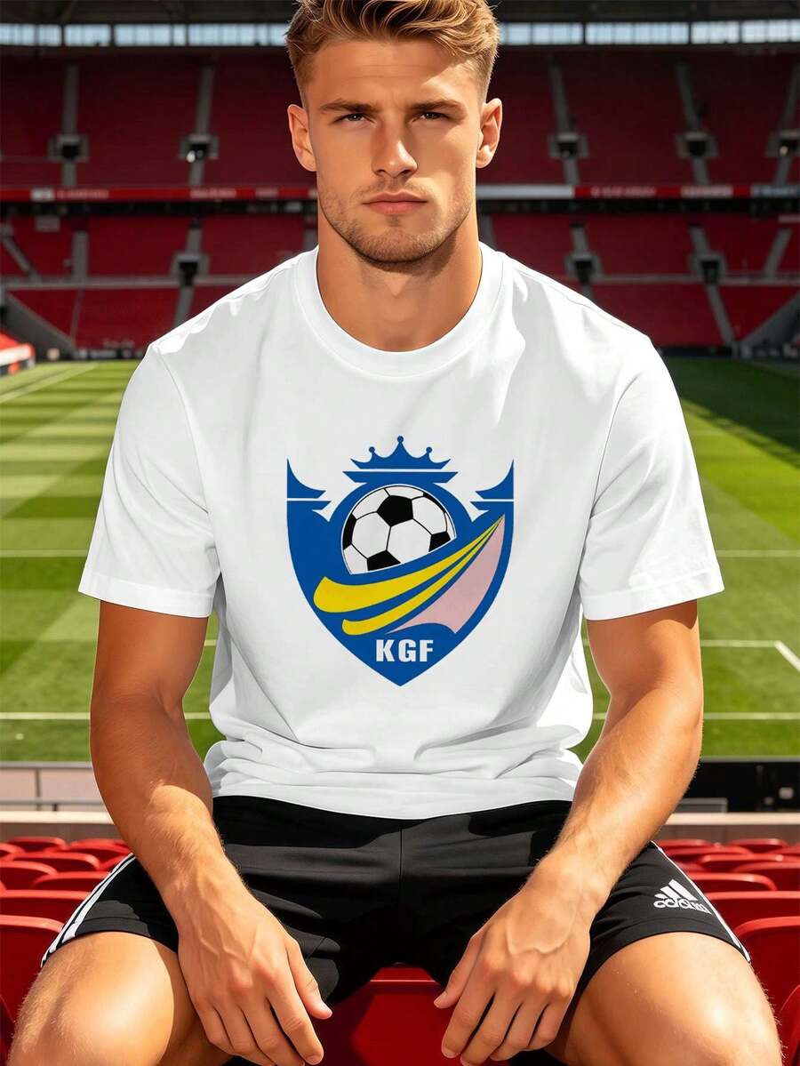 Camiseta de fútbol para hombre con logo gráfico KGF de algodón premium, cuello redondo, corte holgado, cómoda, estampado llamativo. - Blanco - Ver 1