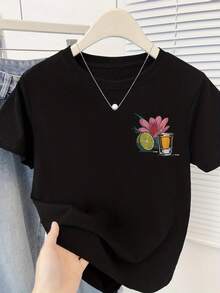 Camiseta de verano estampada de manga corta para mujer, top para mujer, tejido de algodón puro, corte regular.blusas para mujer playeras de mujer blusas casuales para dama conjuntos de mujer - Negro - Ver 2