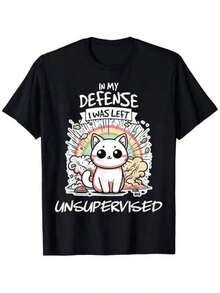 Camiseta Casual Estampada para Hombre con el Lema "Cute Cat with In My Defense...", Camiseta Unisex para Hombres y Mujeres, Adecuada para Todas las Temporadas, Camiseta para Uso Diario, Rega - Negro - Ver 1