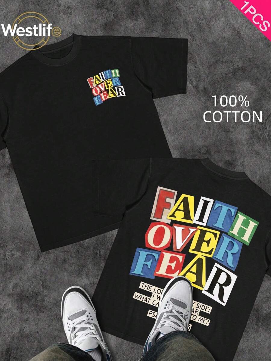 Men's Christian T-Shirt "FAITH OVER FEAR" | Psalm 118:6 Design | Inspirational Streetwear | 100% Cotton | Unisex Fit | Ideal Gift For Believers - 藍色 - 查看 1