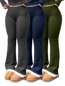 Conjunto de 3 piezas de pantalones de yoga casuales de talla grande para mujer, leggings acampanados con cintura elástica para gimnasio y entrenamiento. - Color oscuro - Ver 1