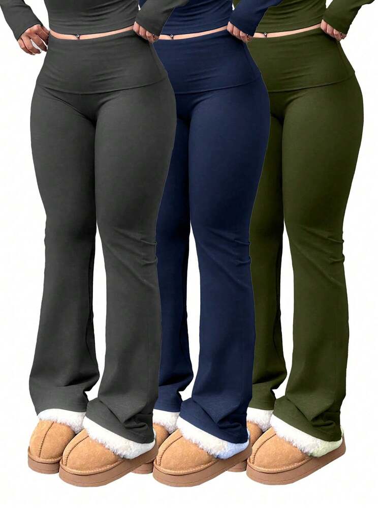 Conjunto de 3 piezas de pantalones de yoga casuales de talla grande para mujer, leggings acampanados con cintura elástica para gimnasio y entrenamiento. - Color oscuro - Añade 1