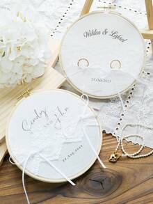 Takeoak 1pc Customized Lace Wedding Ring Pillow, Personalized Ring Holder With Name And Date Engraving, Pearl Bowknot, Rustic Elegant Round Ring Cushion, Multi-Layer Ring Display, Romantic Bridal Ceremony Decor, Engagement Anniversary Gift, Wedding Accessory - Multicolor - View 7