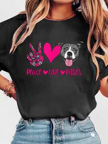Pitbull Lives Matter, Ladies Pitbull Puppy Mom Print Cotton T-Shirt, Graphic Tee, Women's Tops, Women's Summer Short Sleeve T-Shirt. - 黑色 - 查看 1