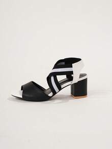 Ladies' Peep-Toe Cross Elastic Band Chunky Heeled Sandals, Casual Black & White Pu Upper Platform Heels,Spring Summer Outfits - Black and White - View 12