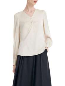 Blusa formal de manga larga con pliegues de seda con cuello en V, manga abullonada para mujer - Pnnrk - Ver 14