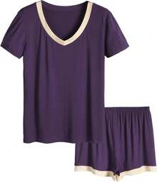 Latuza - Conjunto de Pijama de Manga Corta con Cuello en V para Mujer - Violeta - Ver 23
