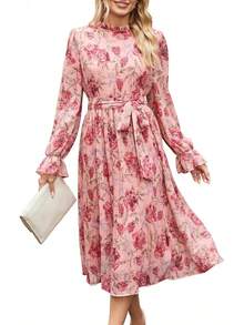 ANRABESS - Vestido midi floral para mujer, manga larga, con volantes, de gasa, acampanado, plisado, con cinturón, vestido de fiesta para té - Rosa nariz roja - Ver 7