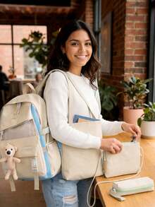 Shendy Vendy Backpack With Large Capacity, 5-Piece Set Fashionable Cool Youth Backpack Pencil Case Laptop School Student - MOD100 乳霜 - 查看 1
