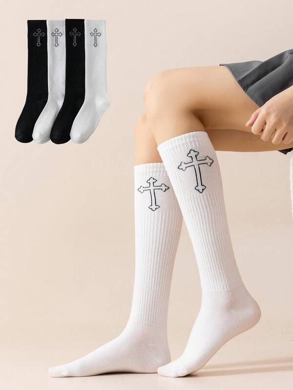 1/4 Double Pack Chaussettes mollet pour femmes avec broderie croisée et rayures verticales, chaussettes longues élastiques et respirantes noir & blanc, bas polyvalents style preppy Y2K hot girl