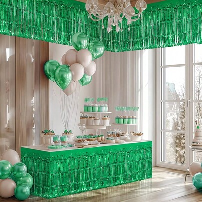13PCS Green Tassel Table Skirt Banner Set, Green Plastic Foil Tassel Table Skirt Banner, Green Tassel Table Skirt Banner Background Decoration, Suitable For St. Patrick's Day, Easter, Christmas, Earth Day, Carnival And Other Major Holidays