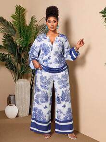 BIUBIU Damen Chic Toile Muster Große Größen Co-Ord Set V-Ausschnitt Aufrollbare Ärmel Kordelzug Top & Weite Hose, Perfektes Sommer Kreuzfahrt Outfit Elegant - Blau - Übersicht 4