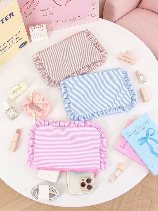 Cute Ruffled Striped Makeup Bag Zipper Cosmetic Pouch Toiletry Bag Portable Lightweight Travel Toiletry Storage Purse Aesthetic Organizer Bag
