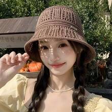 女款幸運Logo可折疊草編遮陽帽，純色防紫外線旅行沙灘帽，時尚百搭夏季戶外遮陽帽，適合海灘度假 - 帽子 - 查看 6