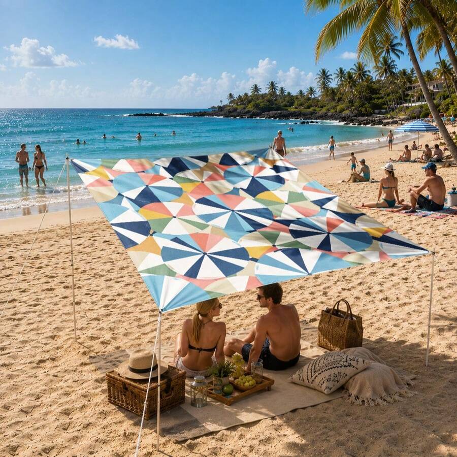1pc Beach Umbrella Pattern Sunshade Canopy, Modern Style, Colorful, Large Size, UV Protection, Sturdy And Durable, Easy To Install, Suitable For Beach, Garden, Patio, Includes Rope - Multicolor - View 1