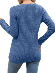 1pc Women's Ribbed Fashion Long Sleeve V-Neck Casual Loose Fit Sweatshirt - Light Blue - View 3