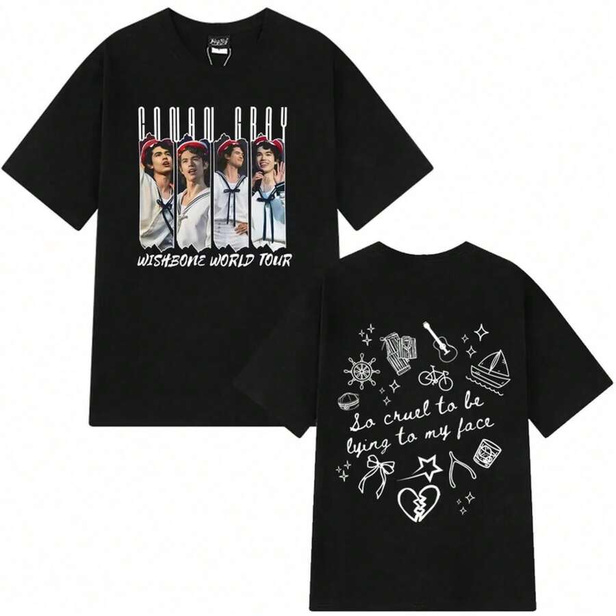 100% Cotton Y2K Loose Short Sleeve Tee Unisex New Summer Collection 2026:  Gray Wishbone World Tour Print T-Shirt For Men And Women, Fashionable - Black - View 1