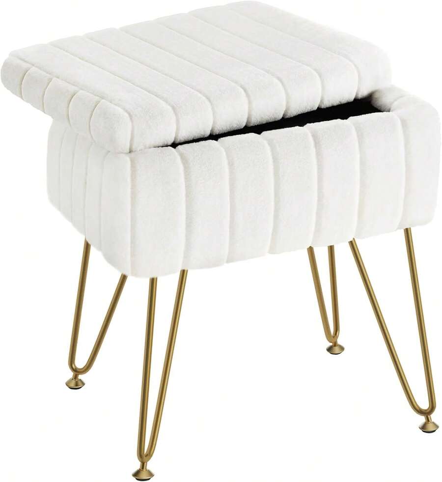 Taburete de piel sintética con almacenamiento, 15.pulgadas de largo x 11.8 pulgadas de ancho x 19.4 pulgadas de alto, otomano suave, 4 patas de metal con pies antideslizantes, asiento - Blanco - Ver 1