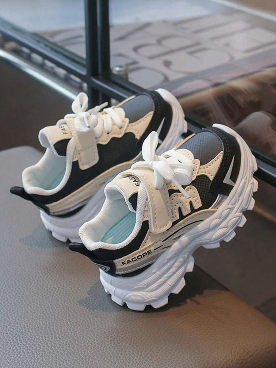 1 Pair Girls' Colorblock Thick Sole Chunky Sneakers, Hook & Loop Anti-Slip Lightweight Kids' Sports Shoes, Baby Casual Running Shoes - Black - View 1