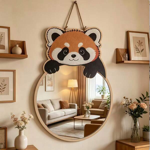 Cartoon Red Bear Wall Mirror, Round Hanging Mirror, Cute Animal Shaped Mirror, Wooden Frame Mirror, Living Room Bedroom Bathroom Wall Decor Mirror