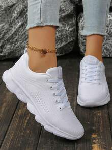 Sepatu Sneakers Kasual Wanita Warna Polos, Berbahan Jaring Bernapas, Bagian Depan Bertali, Sol Lembut, Serbaguna, Modis untuk Beraktivitas di Luar Rumah - Putih - View 3