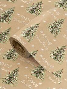1 Roll Of Christmas Gift Wrapping Paper Featuring A Christmas Tree And Snowflake Pattern; Made Of Kraft Paper; Dimensions: 43 Cm X 300 Cm (17 Inches X 9.84 Feet); Suitable For Christmas Gift-Giving, Christmas Party Decorations, And Gift Wrapping. - A - View 2
