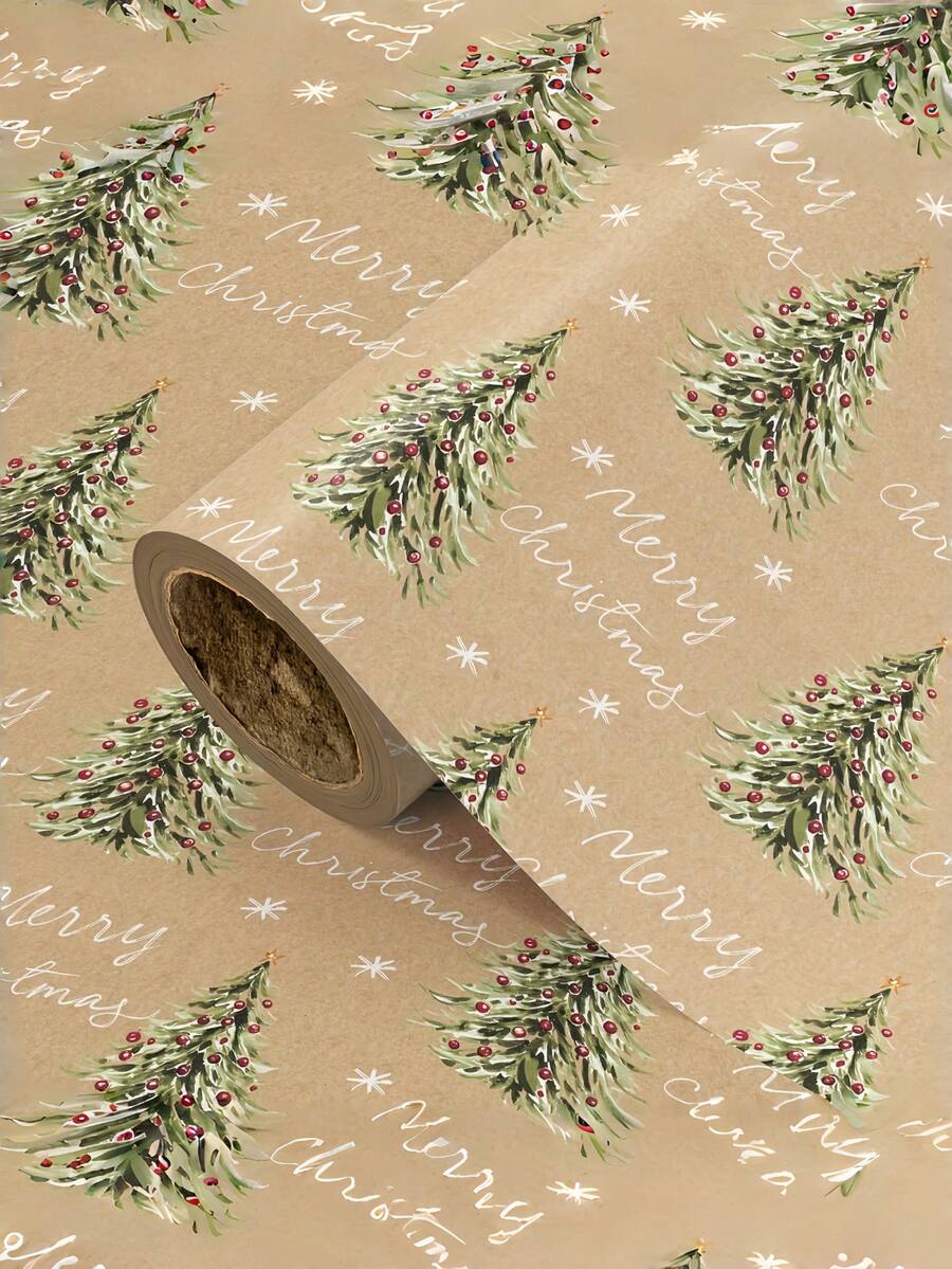 1 Roll Of Christmas Gift Wrapping Paper Featuring A Christmas Tree And Snowflake Pattern; Made Of Kraft Paper; Dimensions: 43 Cm X 300 Cm (17 Inches X 9.84 Feet); Suitable For Christmas Gift-Giving, Christmas Party Decorations, And Gift Wrapping.