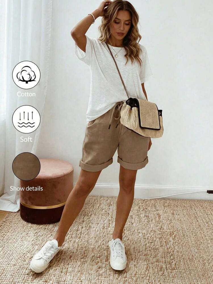 Women's Casual Linen Summer Shorts With Drawstring And Rolled Hem, Featuring Linen-Textured Fabric, An Elastic Waistband With Drawstring, And Rolled Hem Details. - 卡其色 - 查看 1